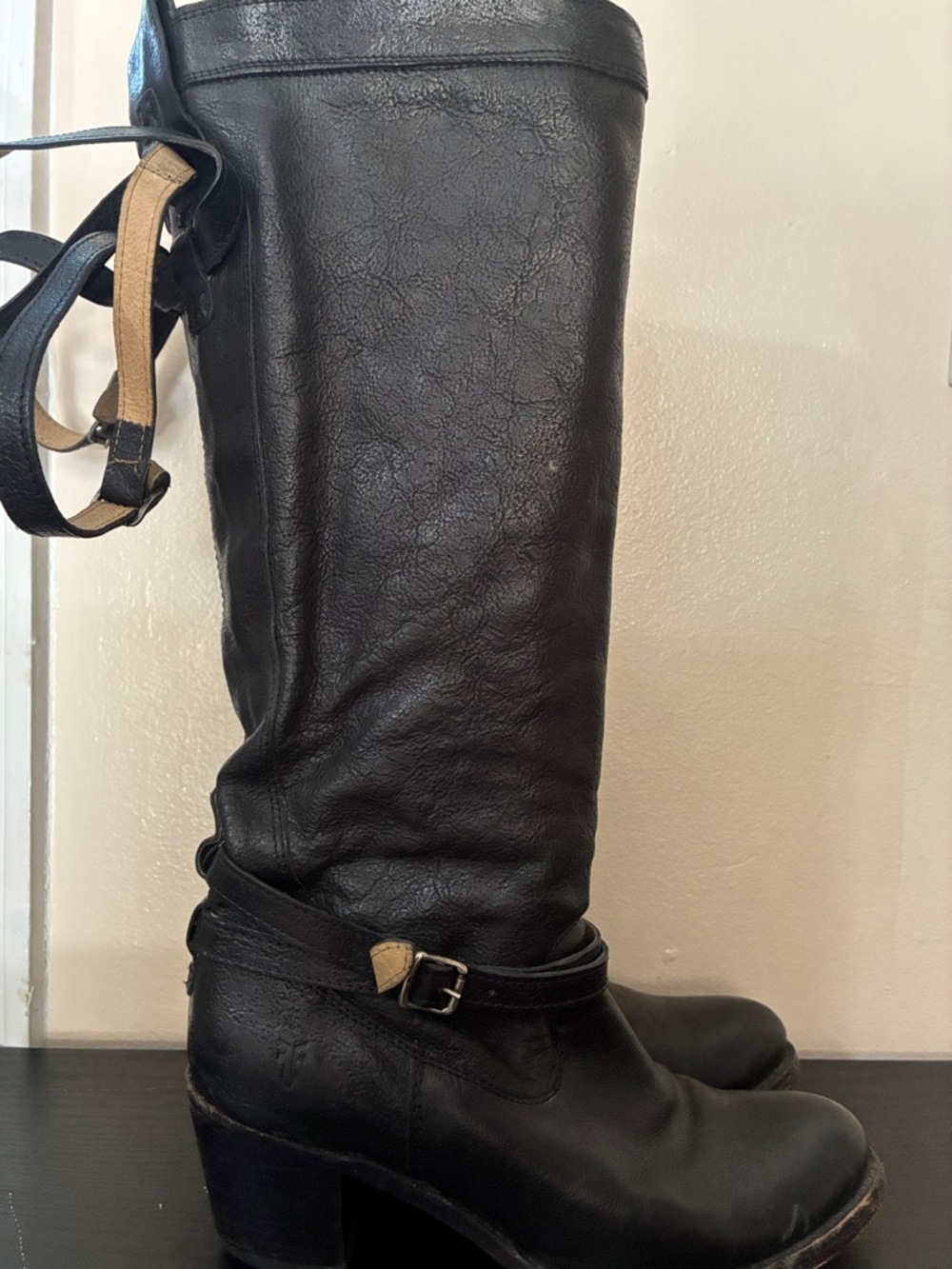 Frye Black Leather Tall Riding Boots with Strap Detail
